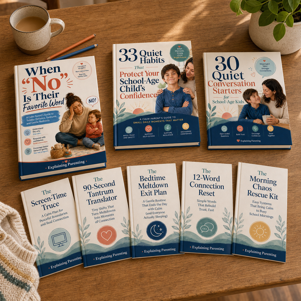Explaining Parenting books and bonus guides arranged on a family table