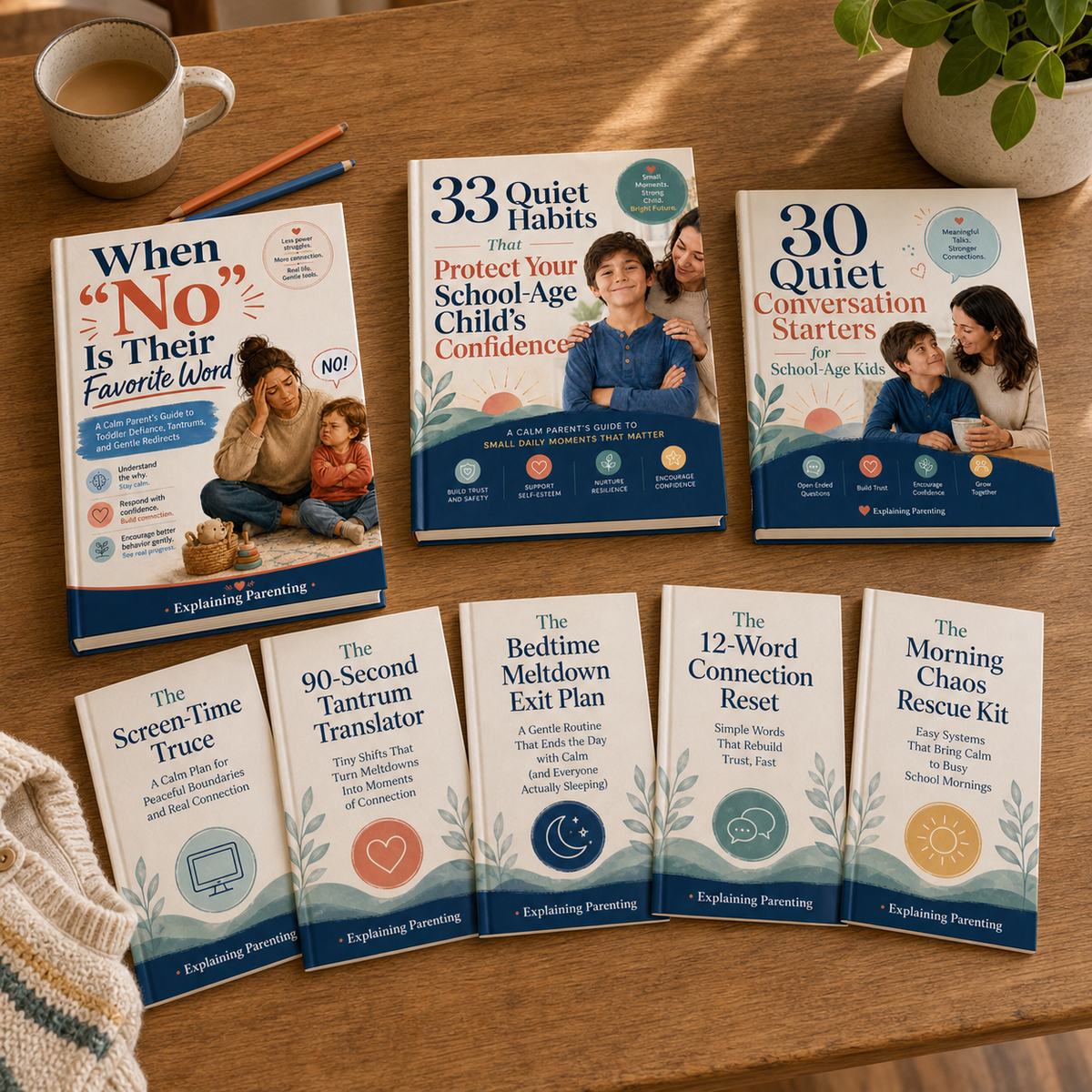 Explaining Parenting books and bonus guides arranged on a family table