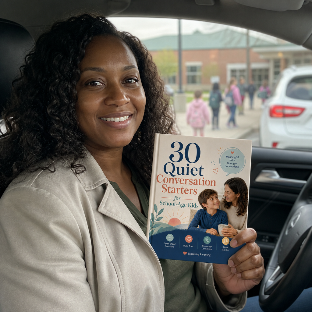Parent holding 30 Quiet Conversation Starters in a parked car