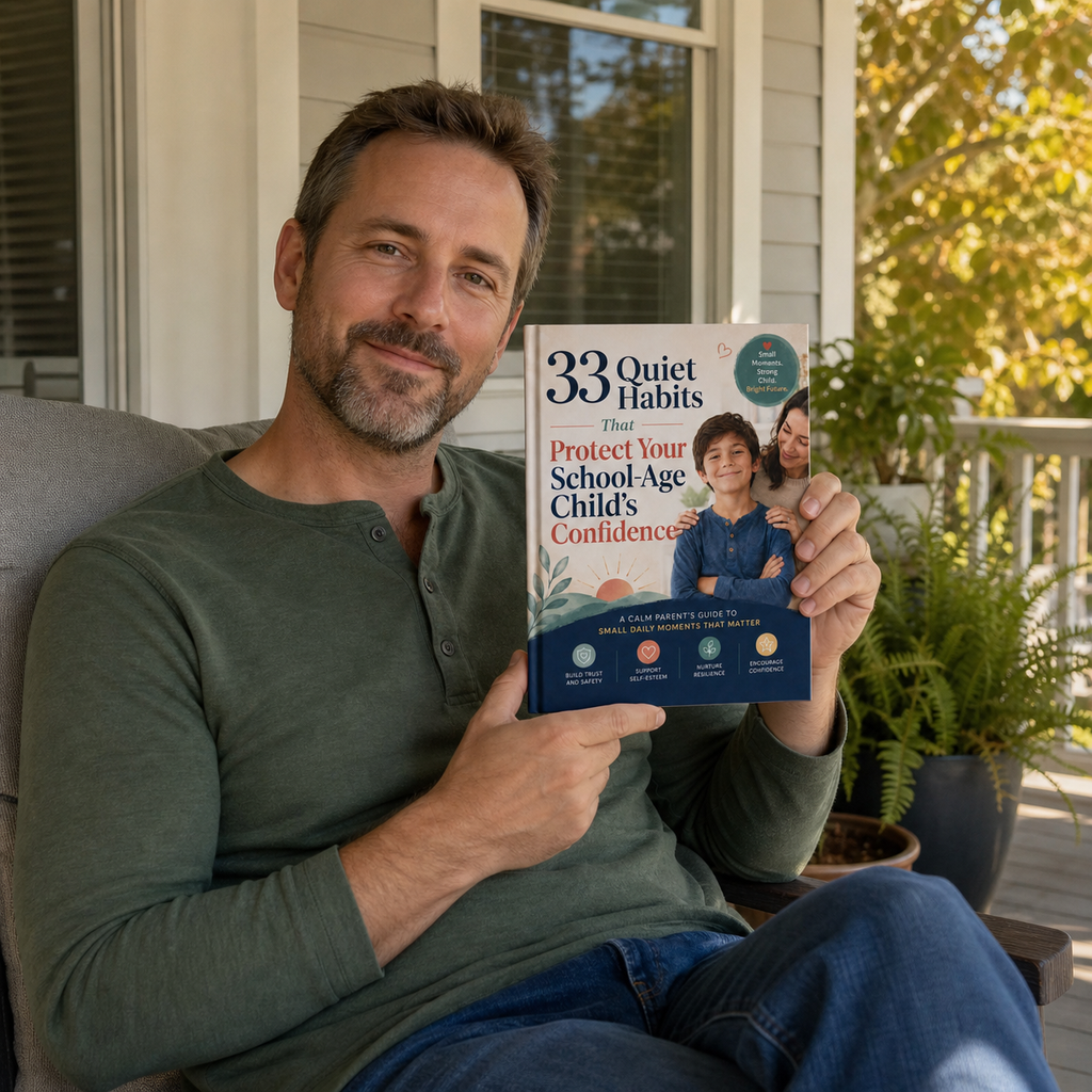 Parent holding 33 Quiet Habits on a porch