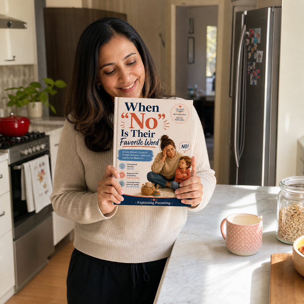 Parent holding When No Is Their Favorite Word in a bright kitchen