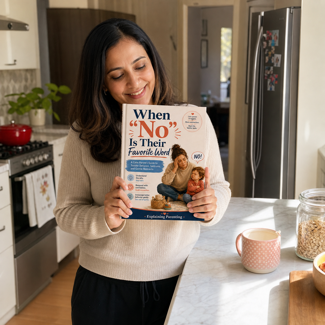 Parent holding When No Is Their Favorite Word in a bright kitchen